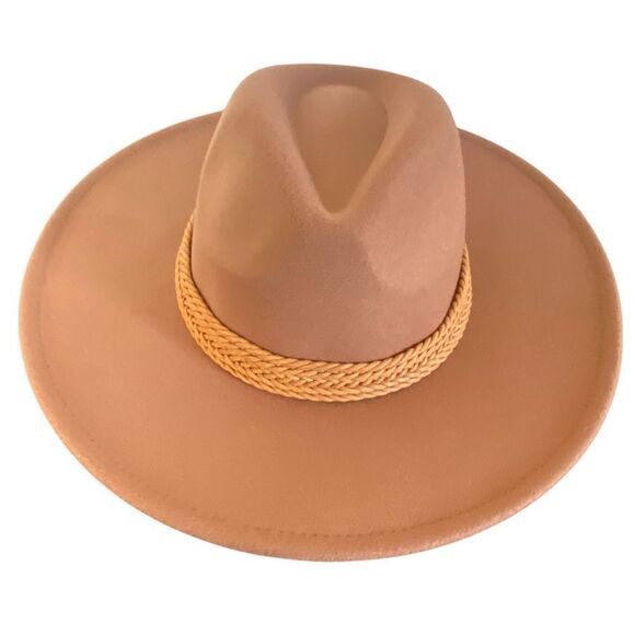 Tan Brown Wide Brim Faux Leather Braided Band Western Cowboy Hat NWT main image 5